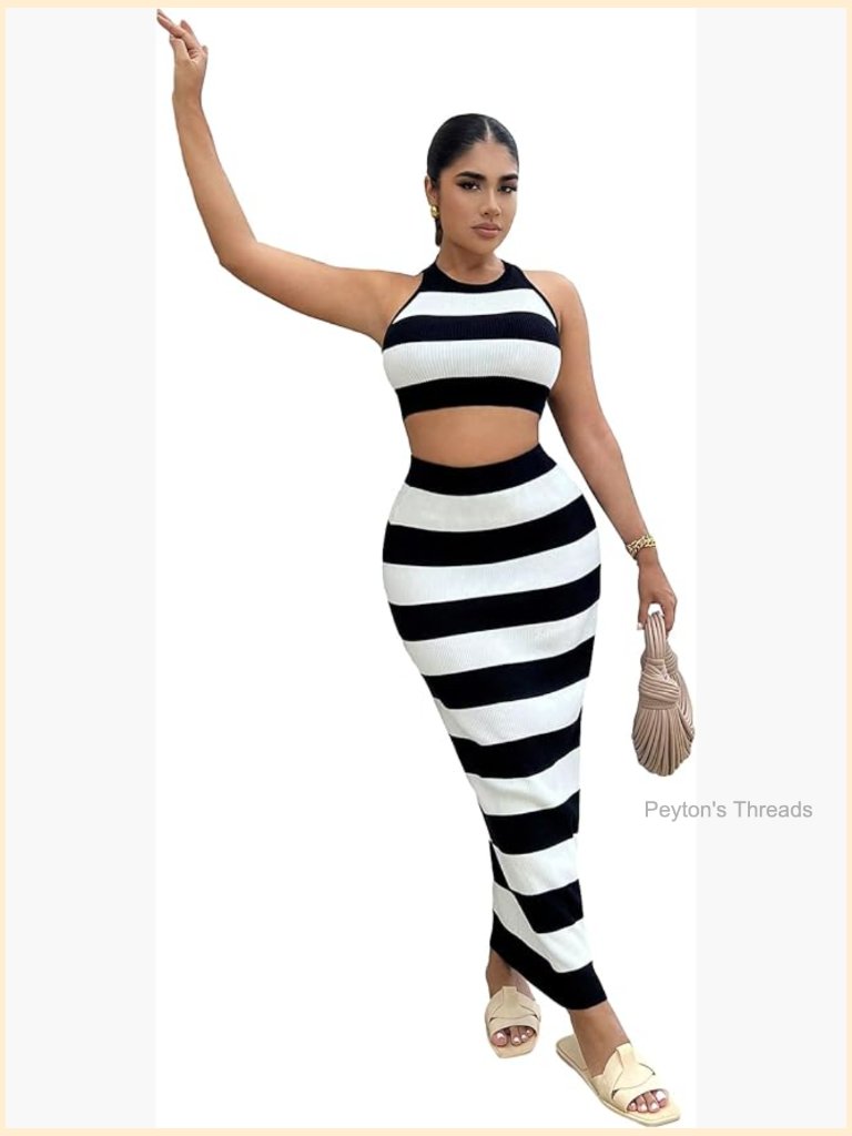 2 Piece Outfit Halter Top Ribbed Knit Bodycon Maxi Skirt Set
